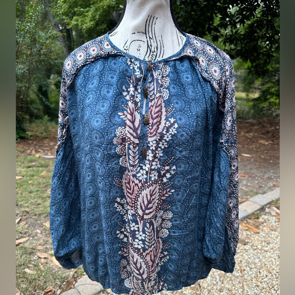 Maeve Blue Boho Floral Peasant Blouse Sz L Elastic Hem Dolman Sleeve Blue Spring